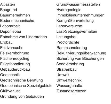 Altlasten Baugrund  Bauunternehmen Bodenmechanische Laborarbeit  Deponiebau  Entnahme von Linerproben  Erdbau Feldversuche  Felskernbohrung  Flächenrecycling  Flügelsondierung  Gebäuderückbau  Geotechnik  Geotechnische Beratung  Geotechnische Spezialgebiete  Glühverlust  Gründung von Gebäuden  Grundwassermessstellen  Hydrogeologie  Immobilienunternehmungen  Korngrößenverteilung Laborversuche  Last-Setzungsverhalten  Leitungsbau Proctordichte Rammsondierung  Rekultivierungsüberwachung  Sicherung von Böschungen Sondierbohrung Straßenbau Umwelt  Umwelttechnik  Wassergehalte  Zustandsgrenzen